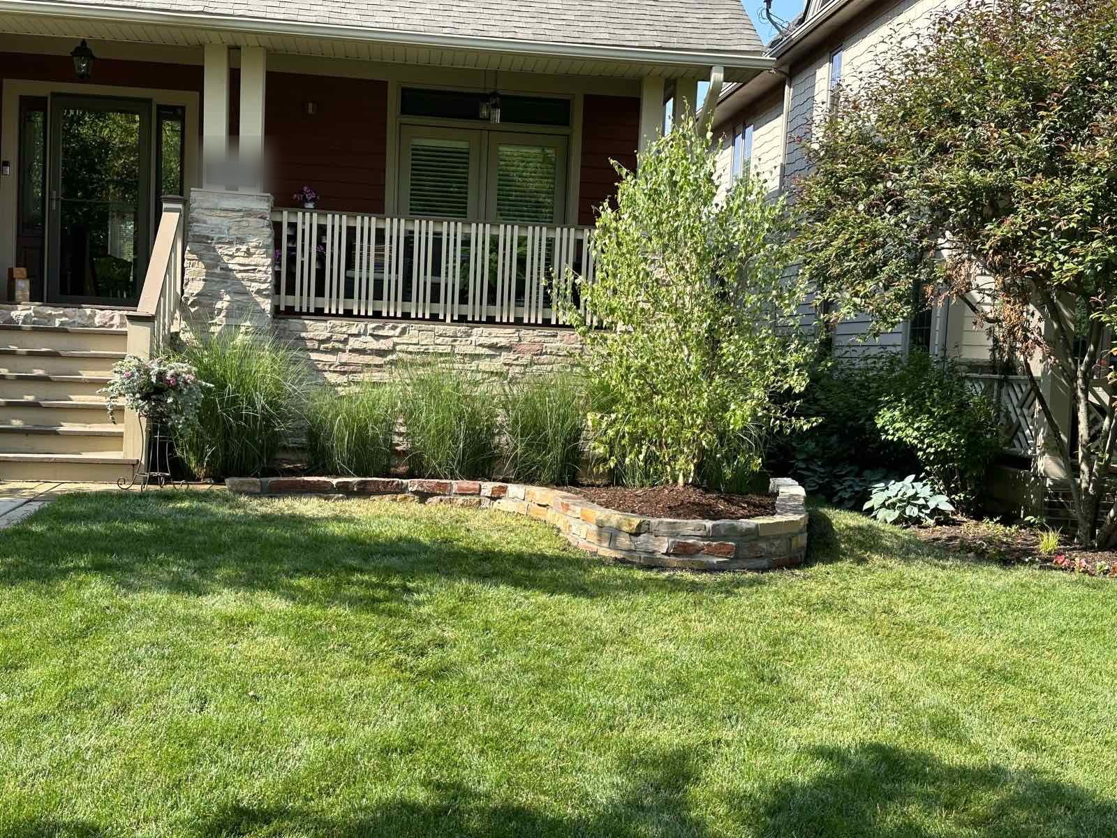 Raised planting bed with a fieldstone border, ornamental grasses, and a shade tree
